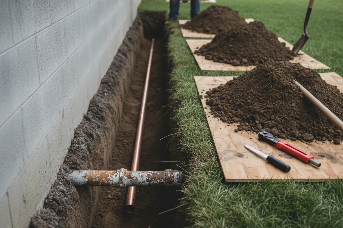 Excavated water line trench during Water Softener Installation in Solon